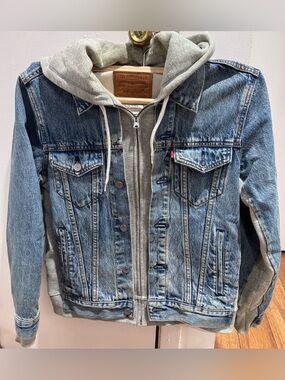 Levi's Blue Denim Jacket with Grey Hoodie Layered